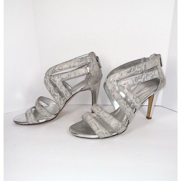 Antonio Melani Sandal Heels Strappy Snake Metallic Silver Leather Stiletto 8 M - Picture 1 of 16